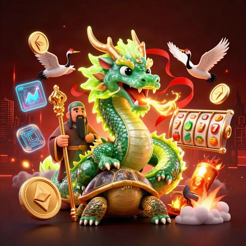 Emerald dragon, turtle sage, and cranes amid casino coins, fire, and neon energy.