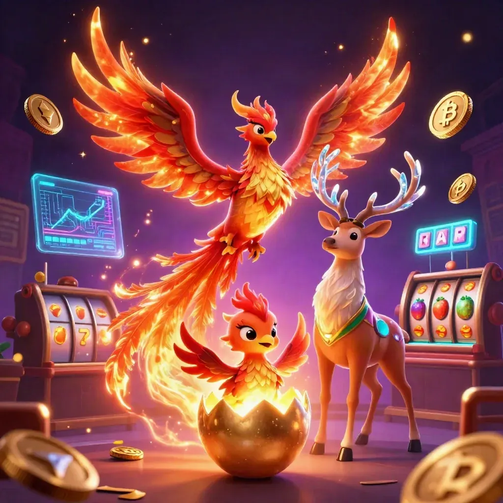 Phoenix, baby phoenix, and crystal stag amid casino coins, reels, and purple magic