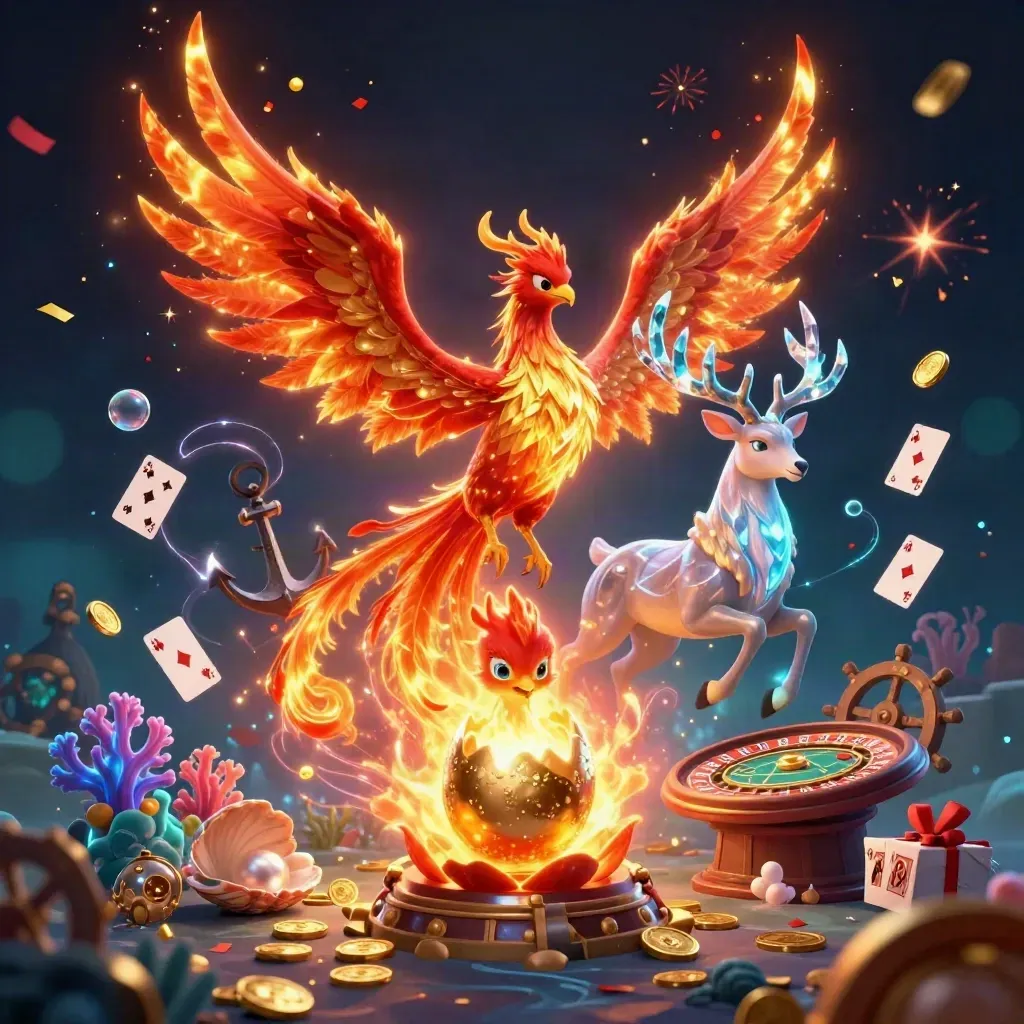 Fire phoenix, crystal stag, and baby phoenix over treasure cove in neon casino style.