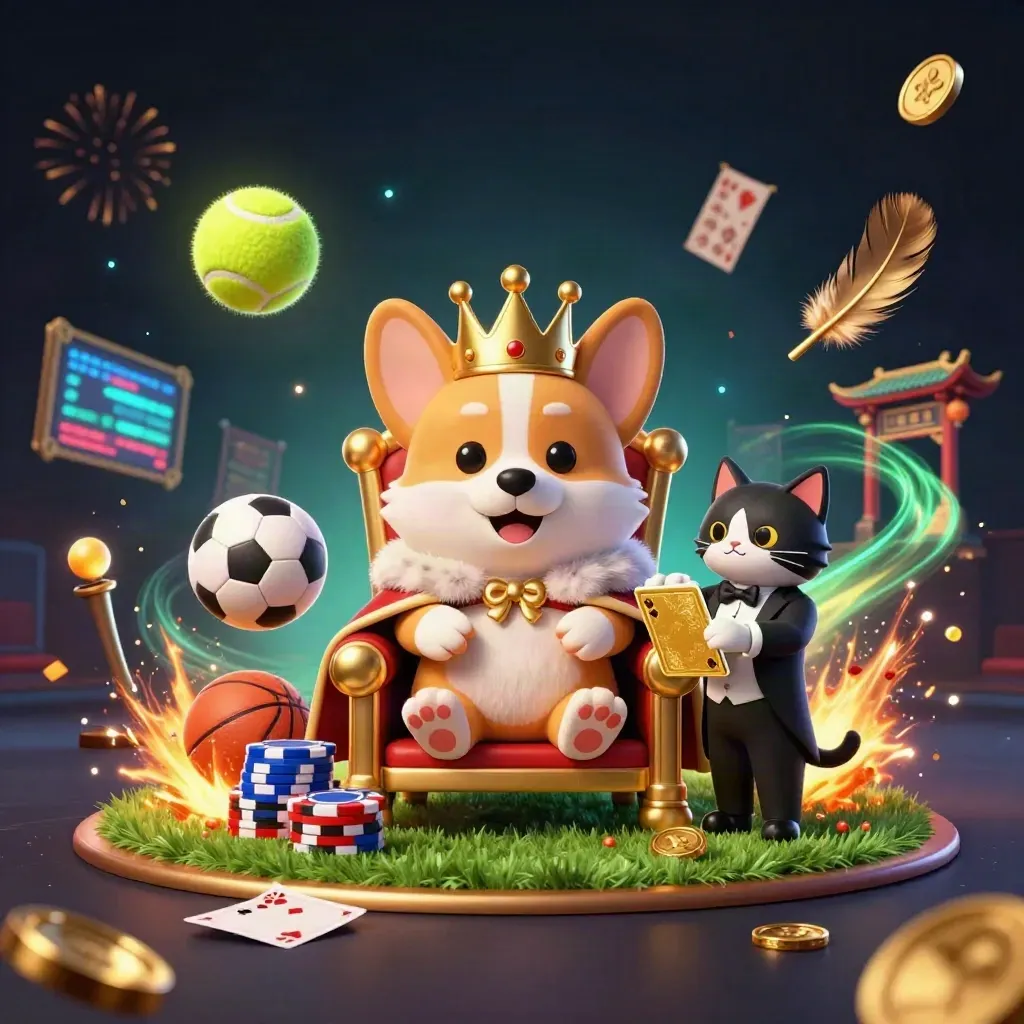 Royal corgi and cat butler amid tennis ball chaos, chips, coins, sparks, and neon casino glow