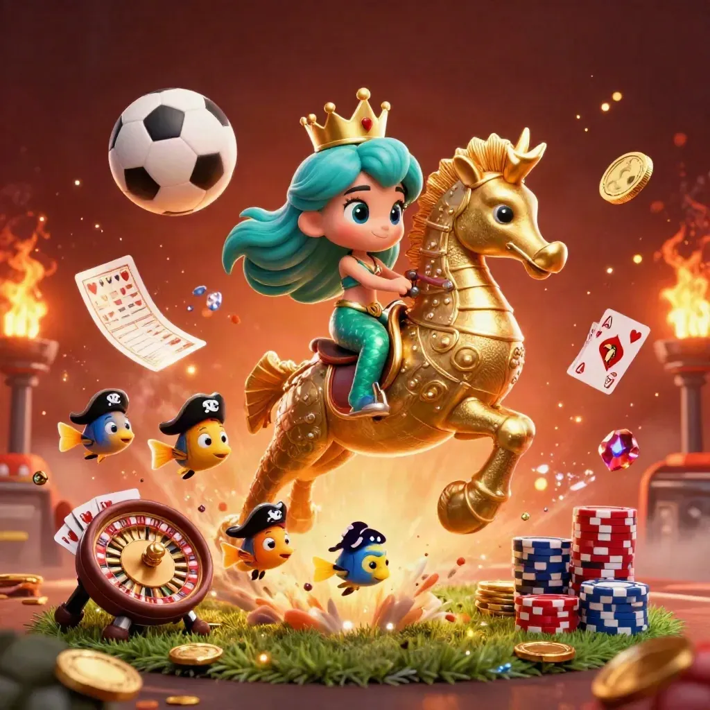 Mermaid princess on armored seahorse amid casino chips, coins, cards, and flying soccer and basketball.
