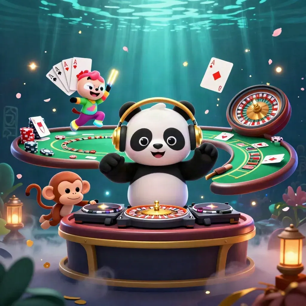 DJ panda, breakdancing monkey, and glow-stick kitten in a neon casino splash scene.