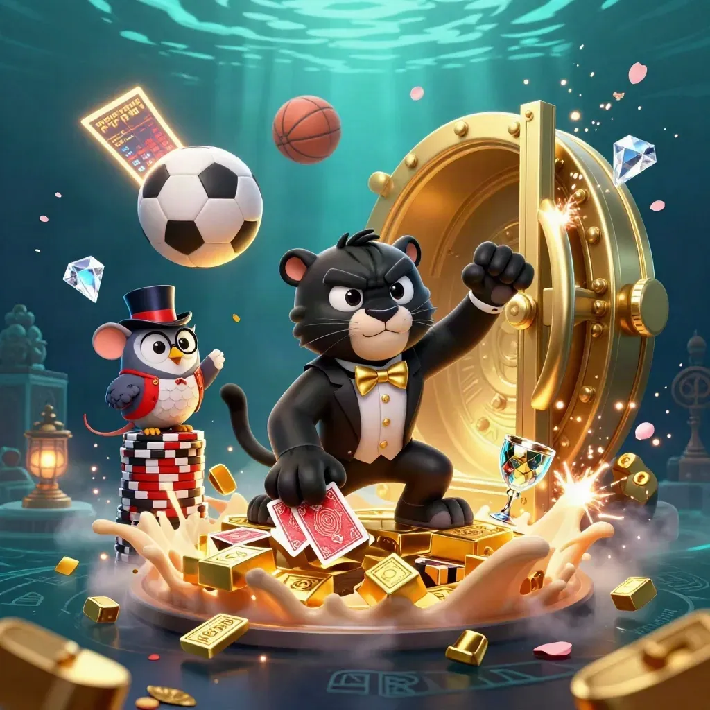 Panther, owl, and mouse amid flying gold, balls, and vault light in a neon casino splash scene