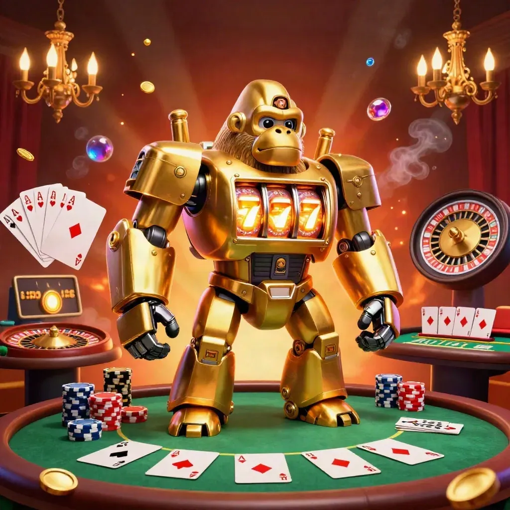 Golden gorilla slot mech with monkey pilot amid casino tables, chips, aces, roulette glow