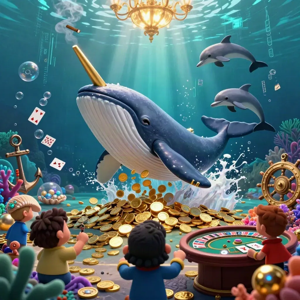 Whale, narwhal, and dolphins in an underwater casino cove with gold coins and neon light.