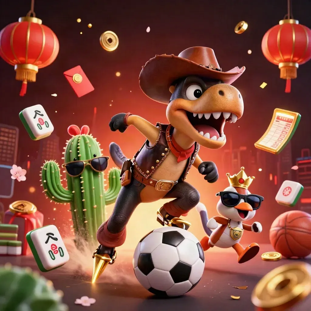 Cowboy T-Rex trio in gold-lit casino chaos with sports gear, coins, lanterns, and red neon haze