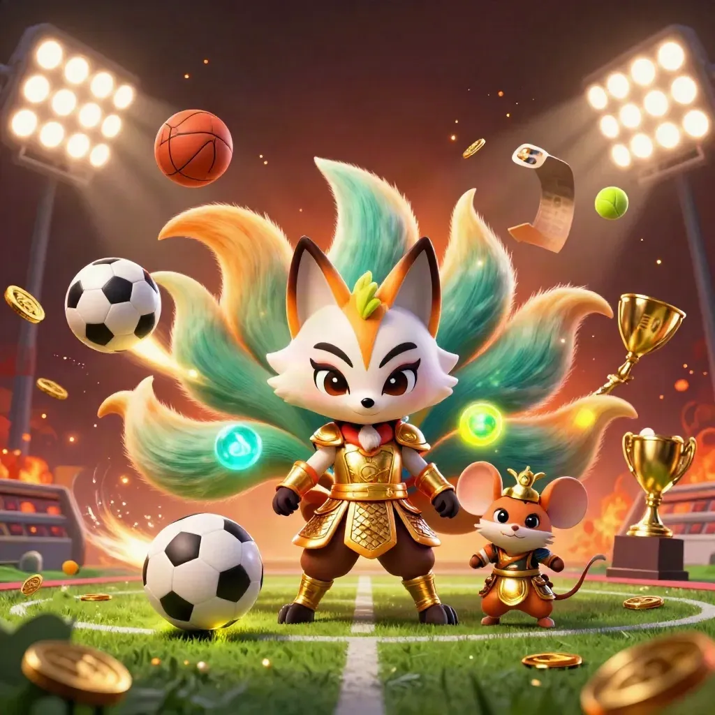 Neon fox spirit and golden mouse amid flying sports balls, coins and floodlights