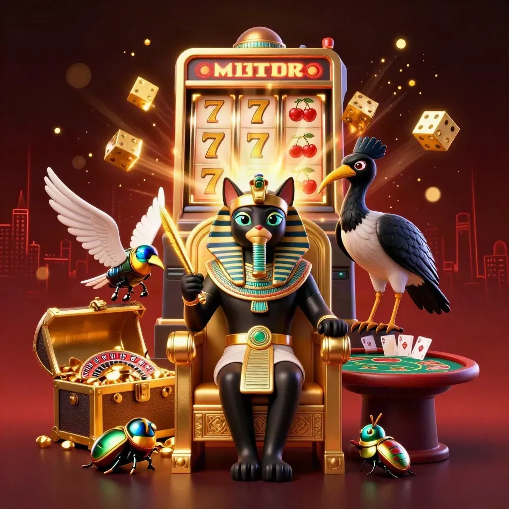 Pharaoh cat, ibis scribe, and scarab beetles amid casino magic and gold