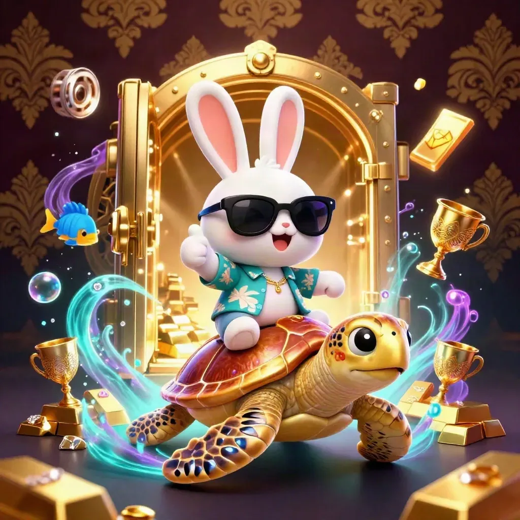 Lucky rabbit rides a gem turtle as treasure explodes in a neon casino scene.