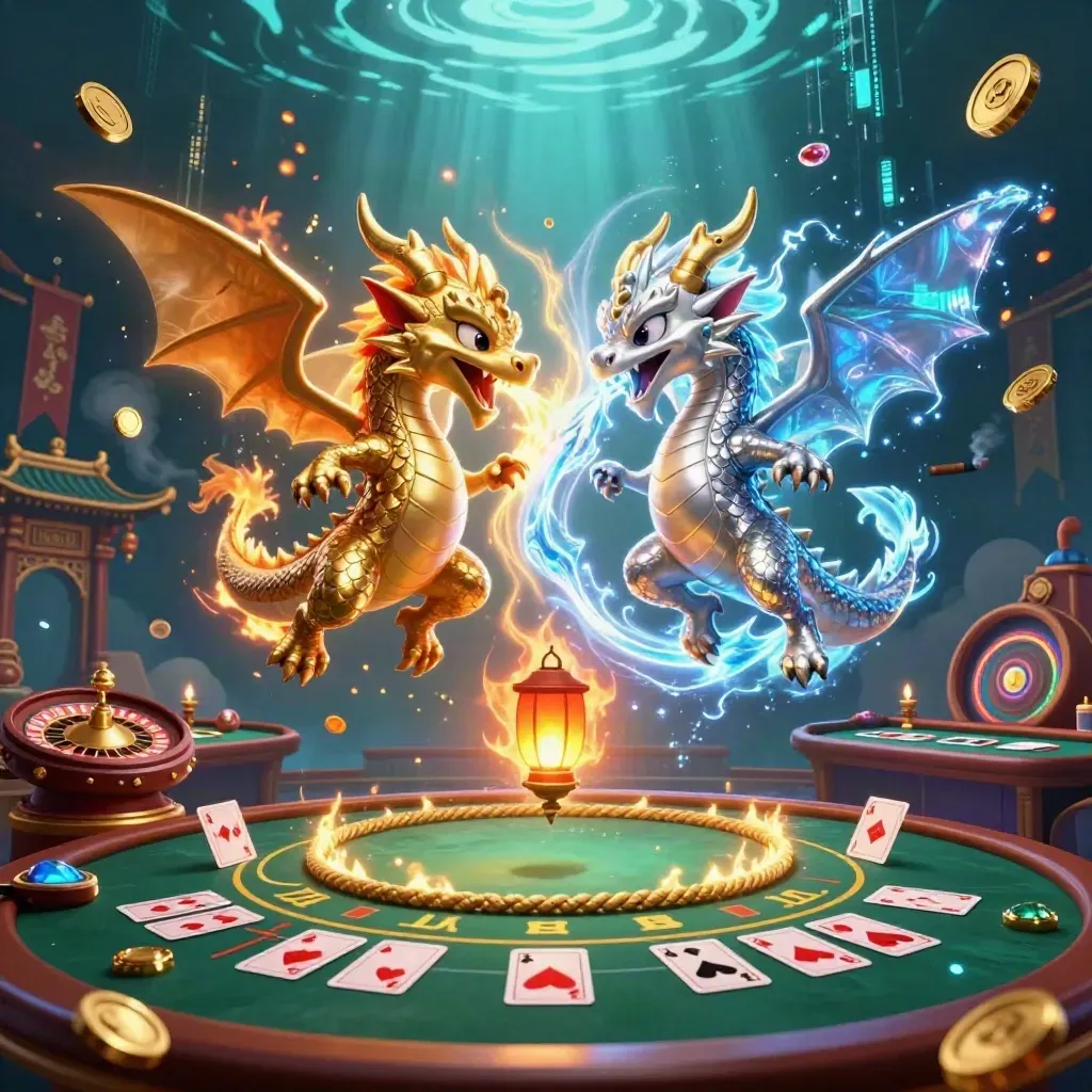 Gold and silver dragons spiral above a neon casino tableau with roulette, cards, and a lantern spirit.