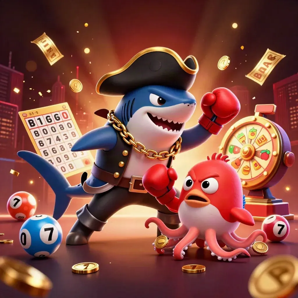 Pirate shark, boxing pufferfish, and coin-juggling octopus amid casino bursts and neon glow.