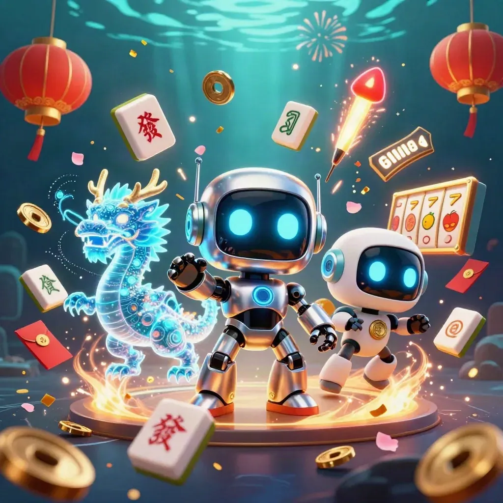 Cyberpunk robot, holographic dragon, and coin drone amid casino treasures and neon fireworks.