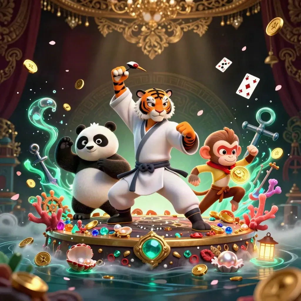 Tiger master, panda disciple, and monkey thief in an emerald treasure cove with gold coins.