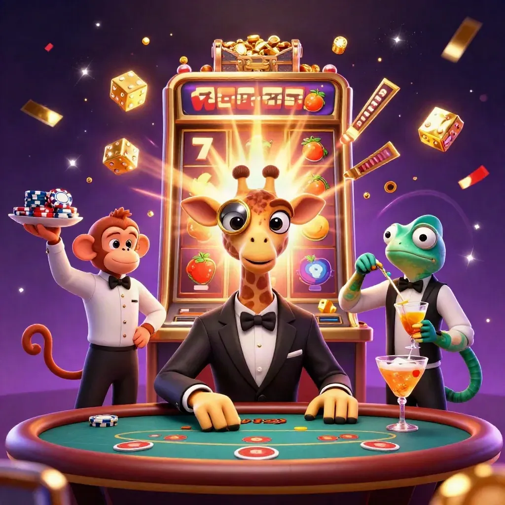 A giraffe gambler, monkey valet, and chameleon bartender amid slot bursts and gold in neon casino chaos.