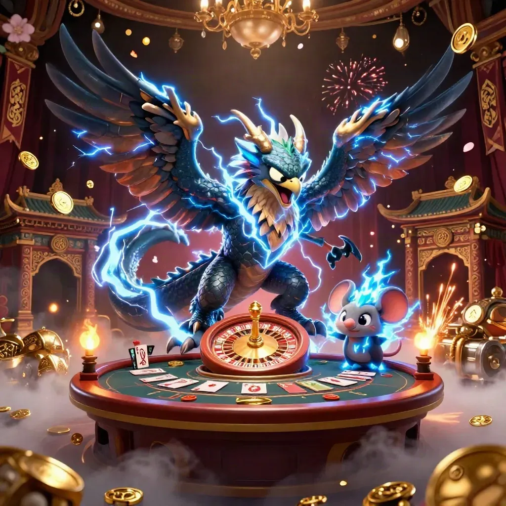 Thunder dragon, wind hawk, and static mouse amid casino treasure, roulette, cards, and fireworks.
