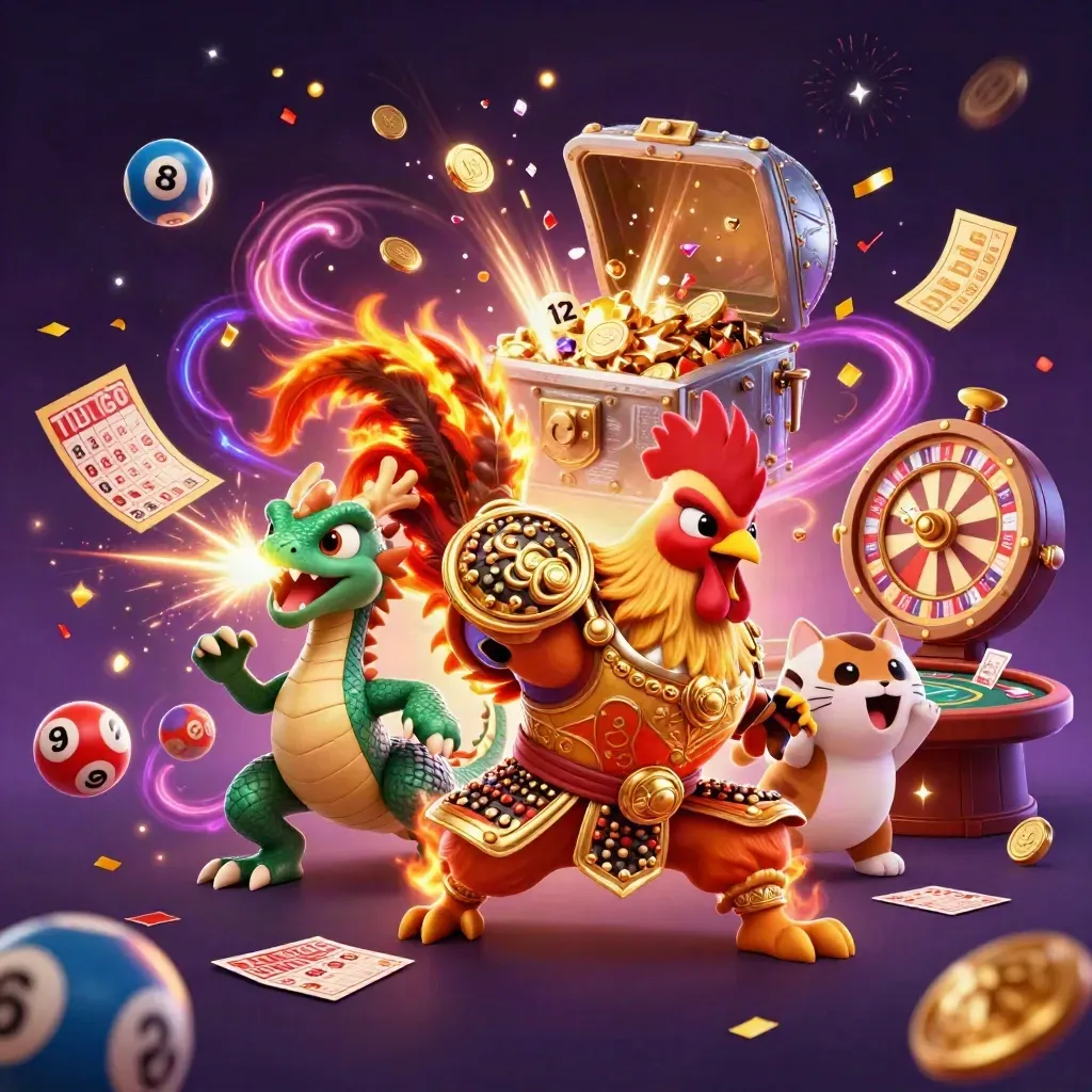 Rooster warrior, dragon hatchling, and fortune cat amid casino loot, fireworks, and spinning game icons