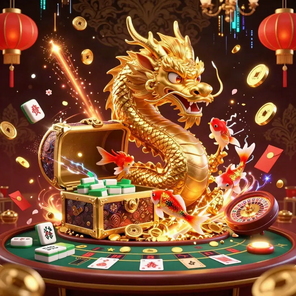 Golden dragon and phoenix over coins, lanterns, roulette wheel, dark luxe casino glow