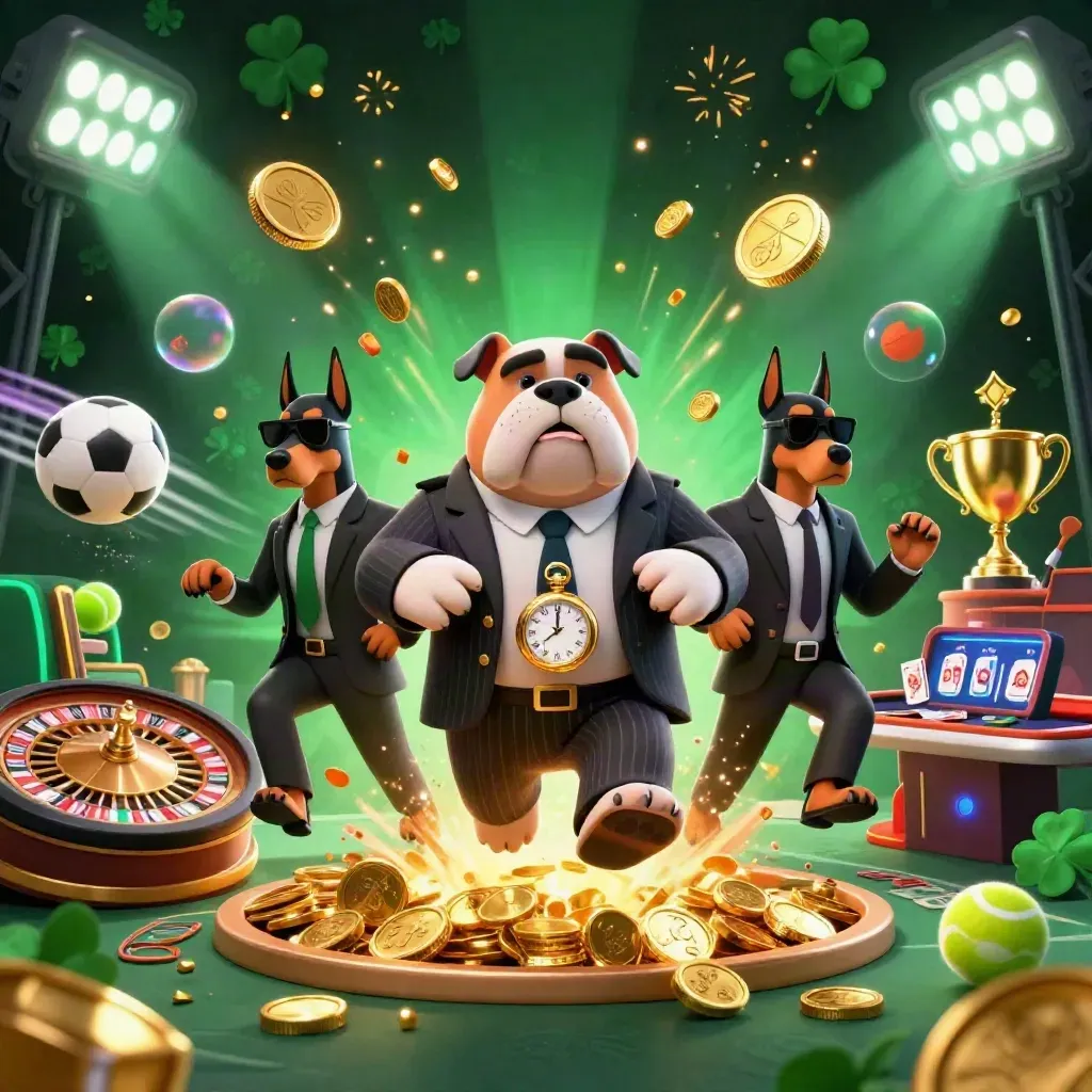 Bulldog boss and Doberman guards amid coins, roulette, cards, trophies, fireworks, and neon casino glow