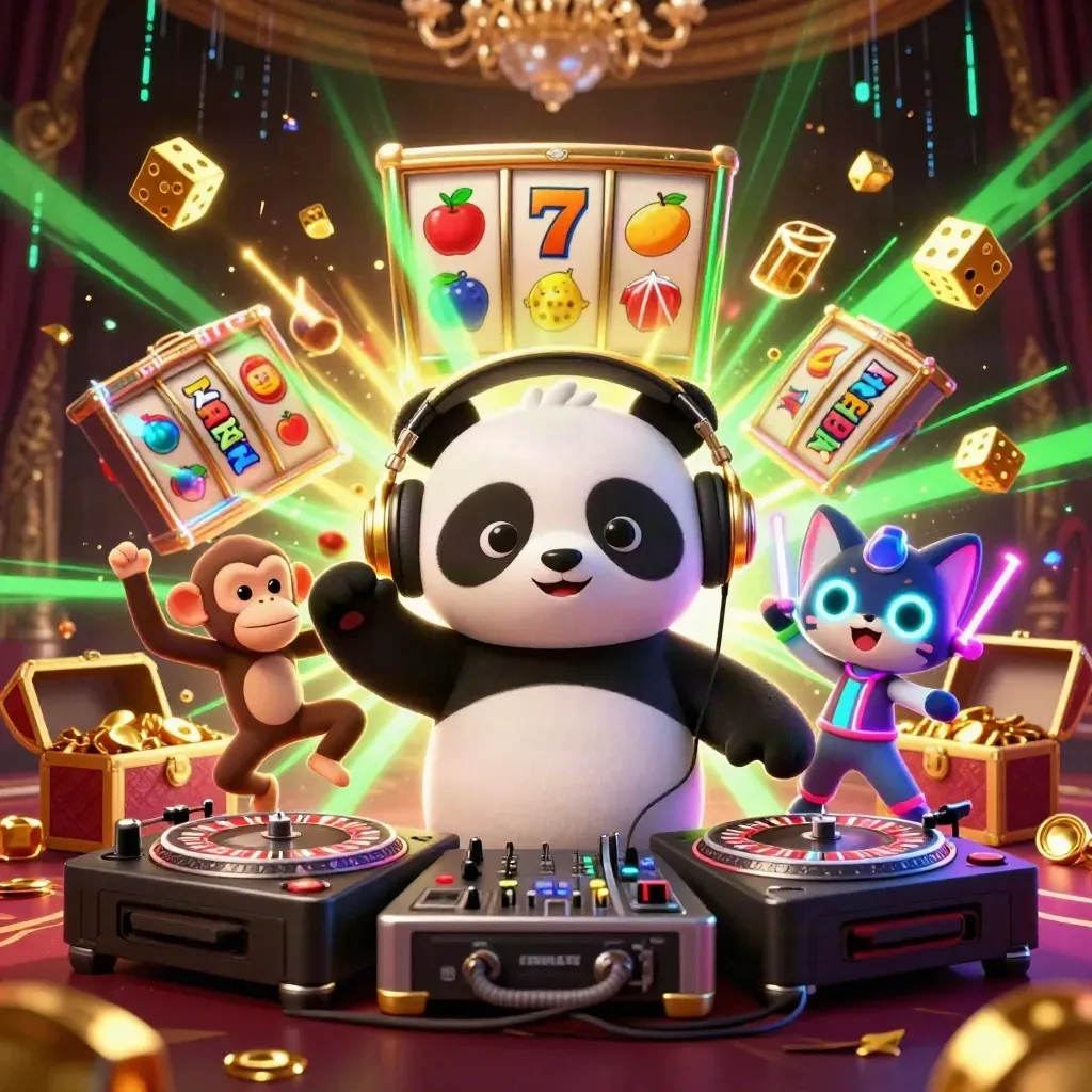 DJ panda, breakdancing monkey, and rave kitten amid slots, gold, and neon casino effects