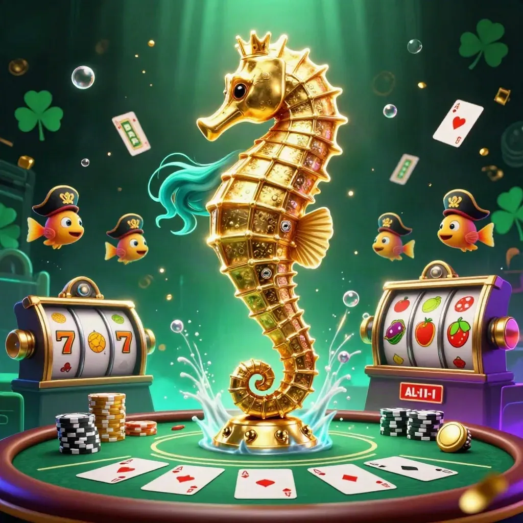 Mermaid princess riding gold-armoured seahorse amid poker chips, reels, and glowing underwater casino magic.