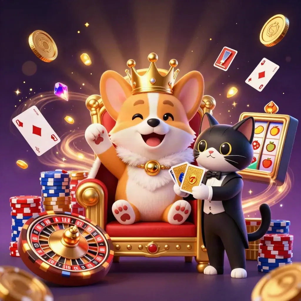 Golden crown corgi and cat butler amid chips, coins, roulette wheel and slot symbols