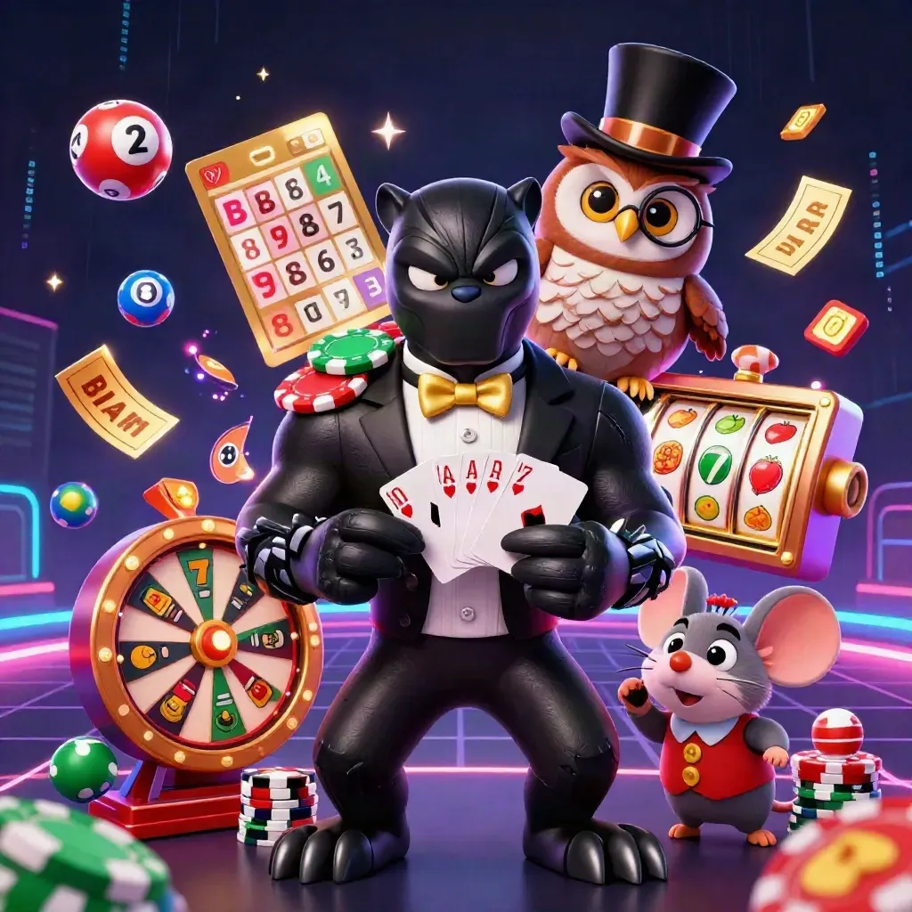 Black panther, owl, and mouse in a neon casino splash scene with chips, reels, and lucky symbols.