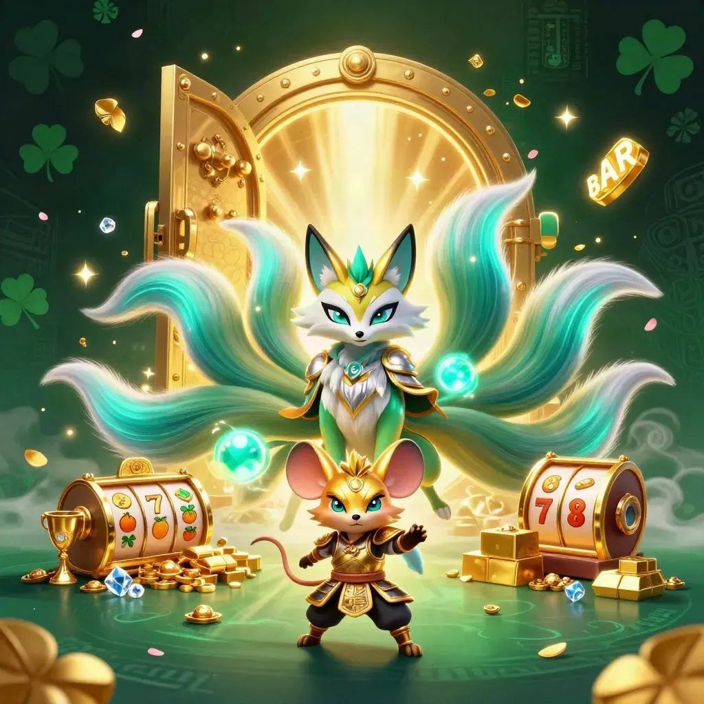 Fox spirit and armored mouse burst from a golden vault amid coins, gems, reels, and neon magic.