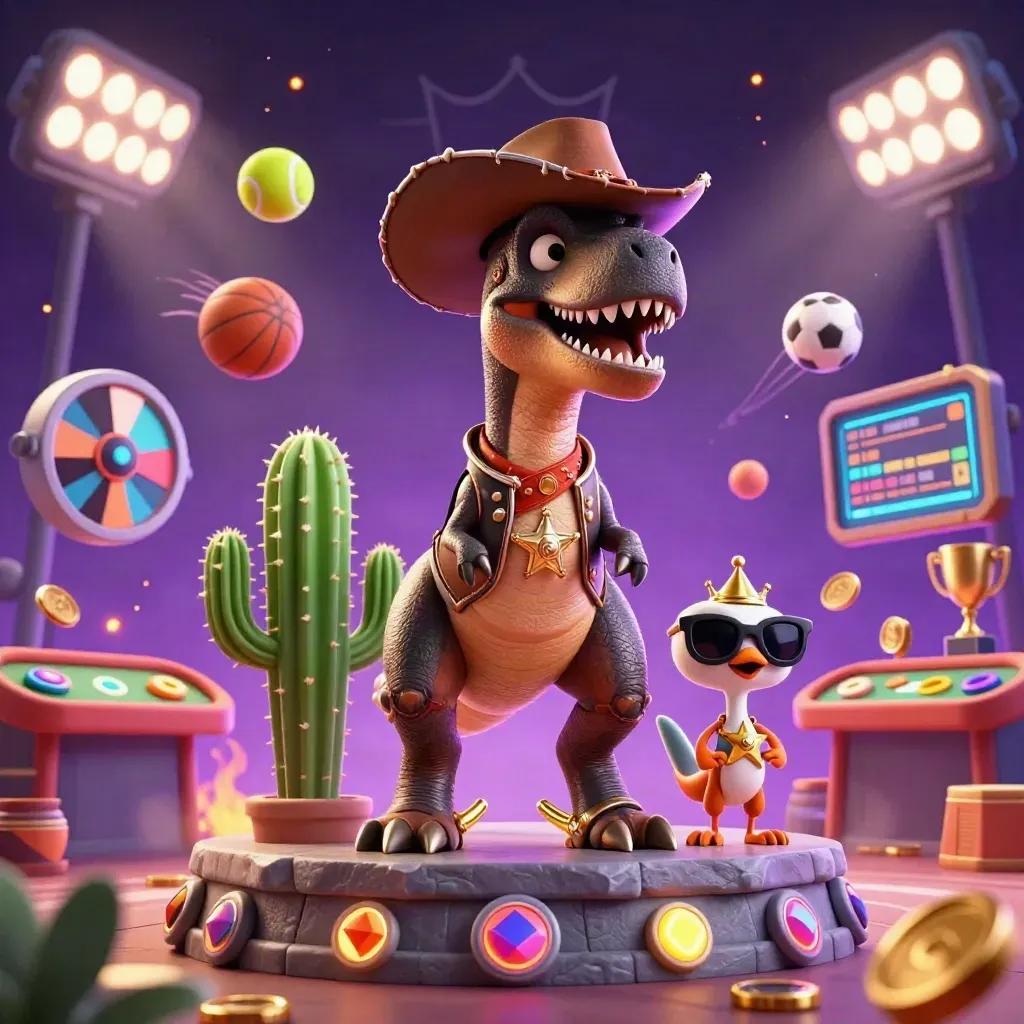 Cowboy T-Rex, sunglass cactus, and sheriff roadrunner amid casino game chaos and neon lights.