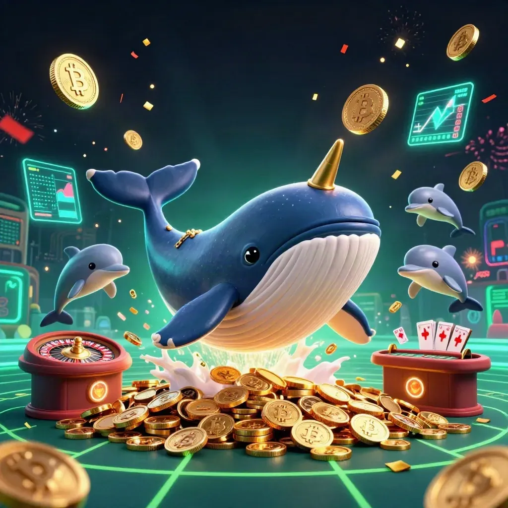 Whale captain, narwhal and dolphins amid coins, roulette, cards and emerald neon casino effects